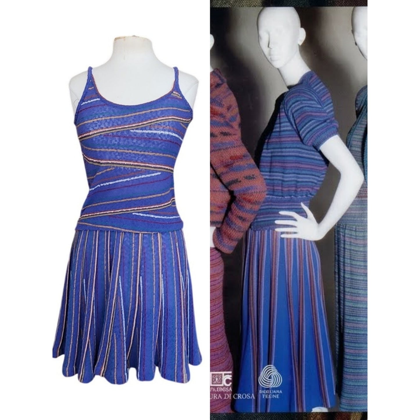 Vintage 1980s Missoni Set Knit Camisole Top Pleated Skirt Blue Stripe I Magnin