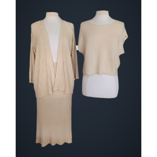 Vintage 1990s Zoran Set Cashmere Silk Knit Cardigan Maxi Skirt Shell Cream 3 Pc