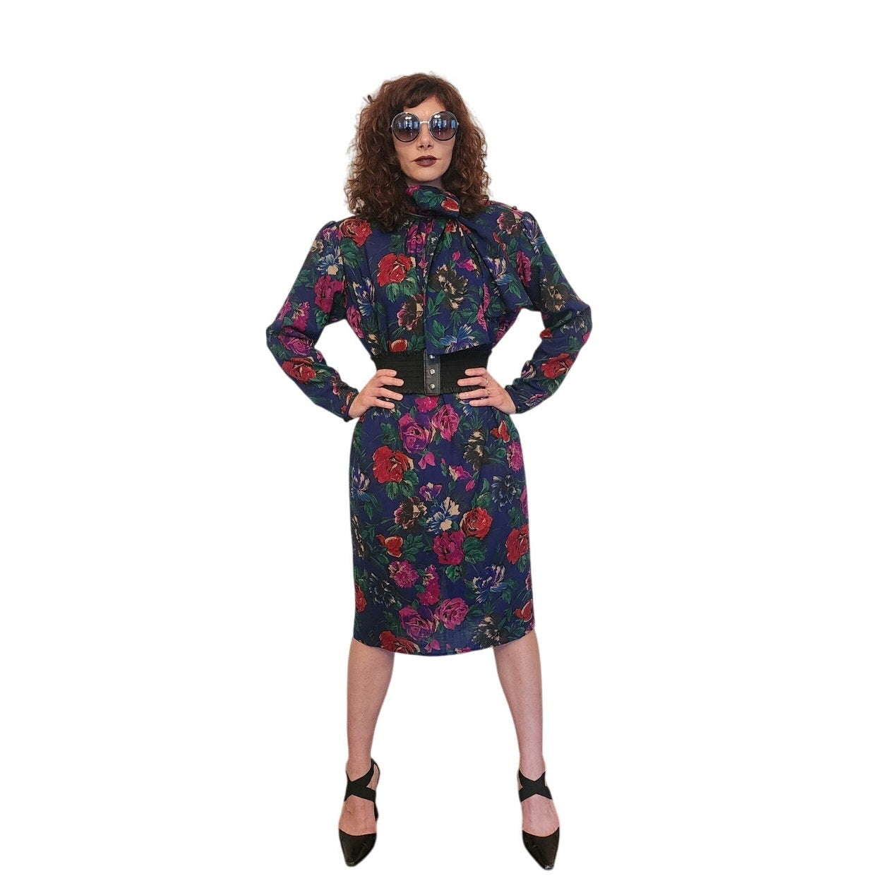 Vintage 1980s UNGARO Sac Dress Dark Floral Print Wool w/Sash Necktie / M