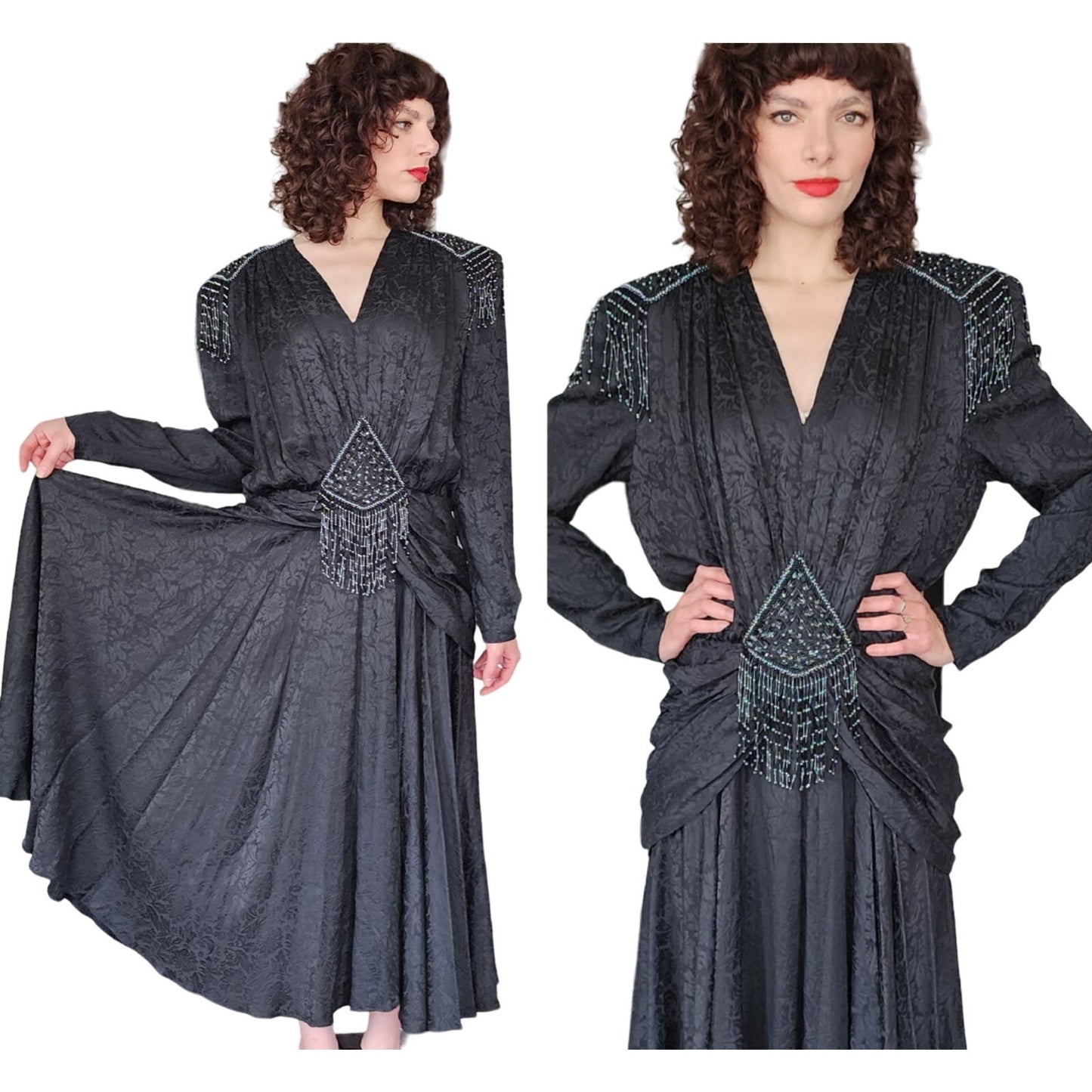 Vintage 80s Evening Dress Black Beaded Silk Fringed D'Ore Art Deco Style