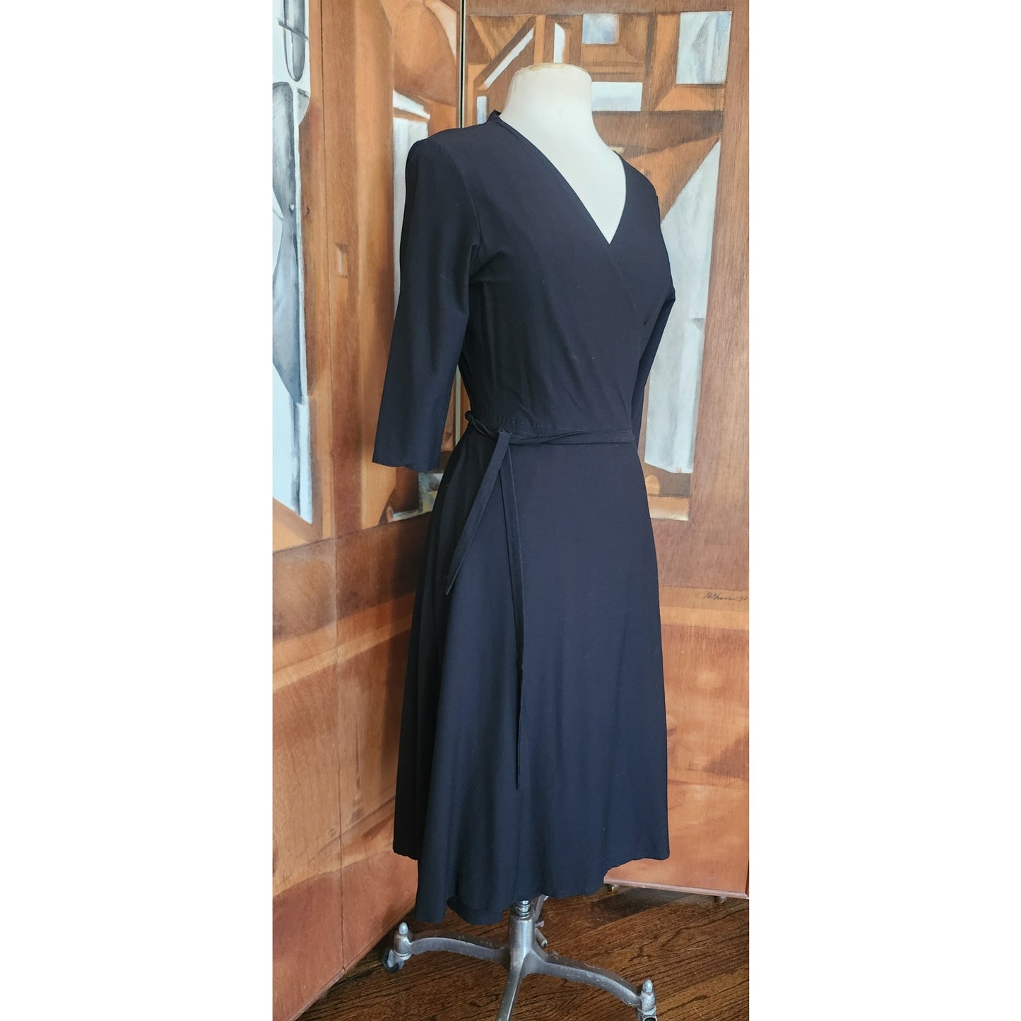 Vintage Eileen Fisher Y2K Black Rayon Stretch Knit Wrap Dress Midi