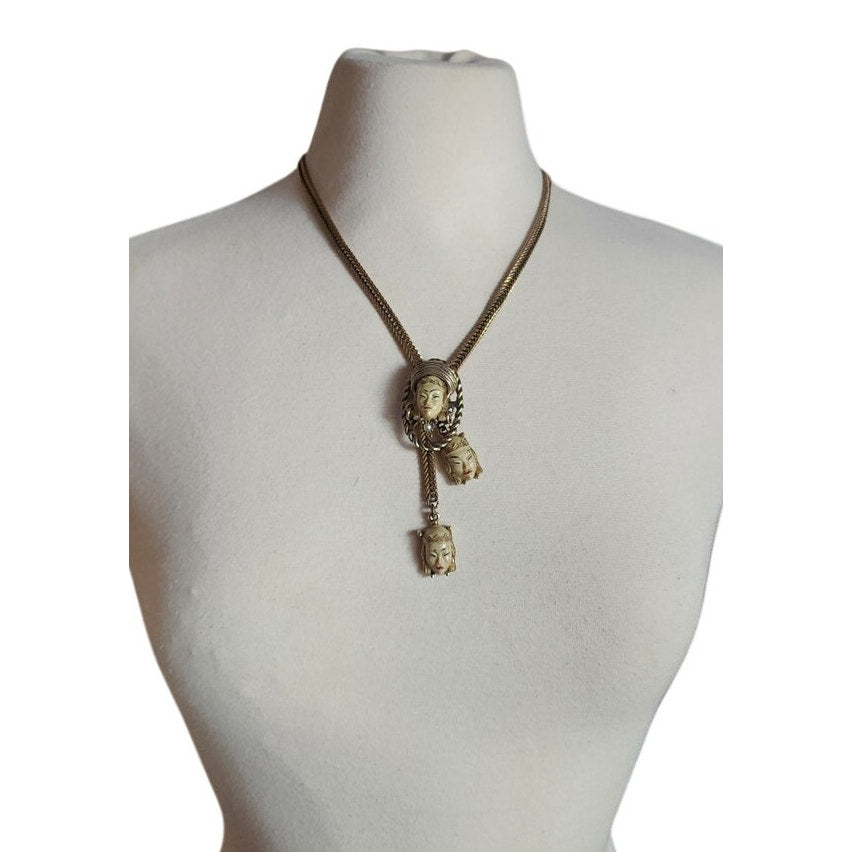 Vintage 50s SELRO SELINI Necklace Asian Princess Pendants Thai Girl Heads Faces Masks