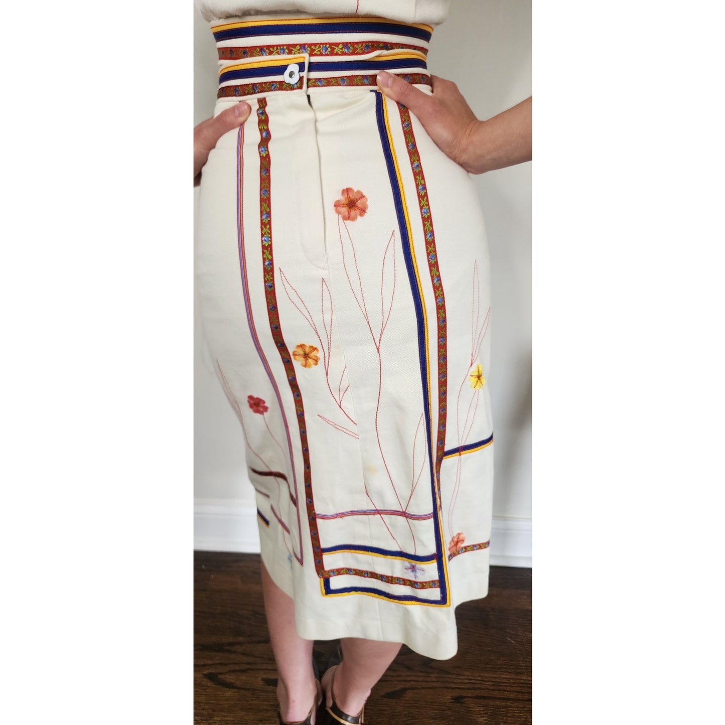 Vintage 1970s Marshall Rouso Skirt + Vest Set in Embroidered Denim / XS