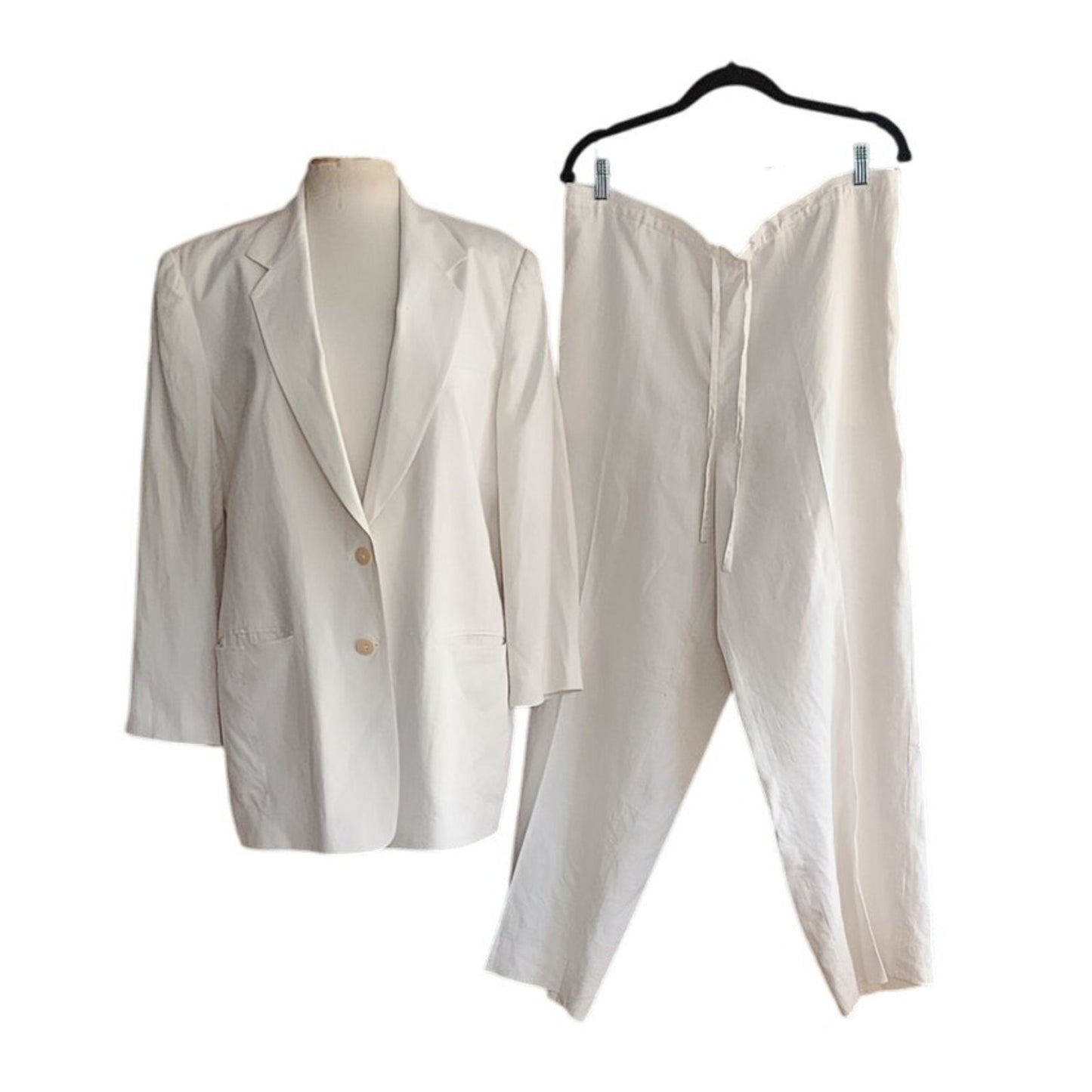 Vintage 1990s DKNY White Linen Pant Suit w/Drawstring Waist / M - L