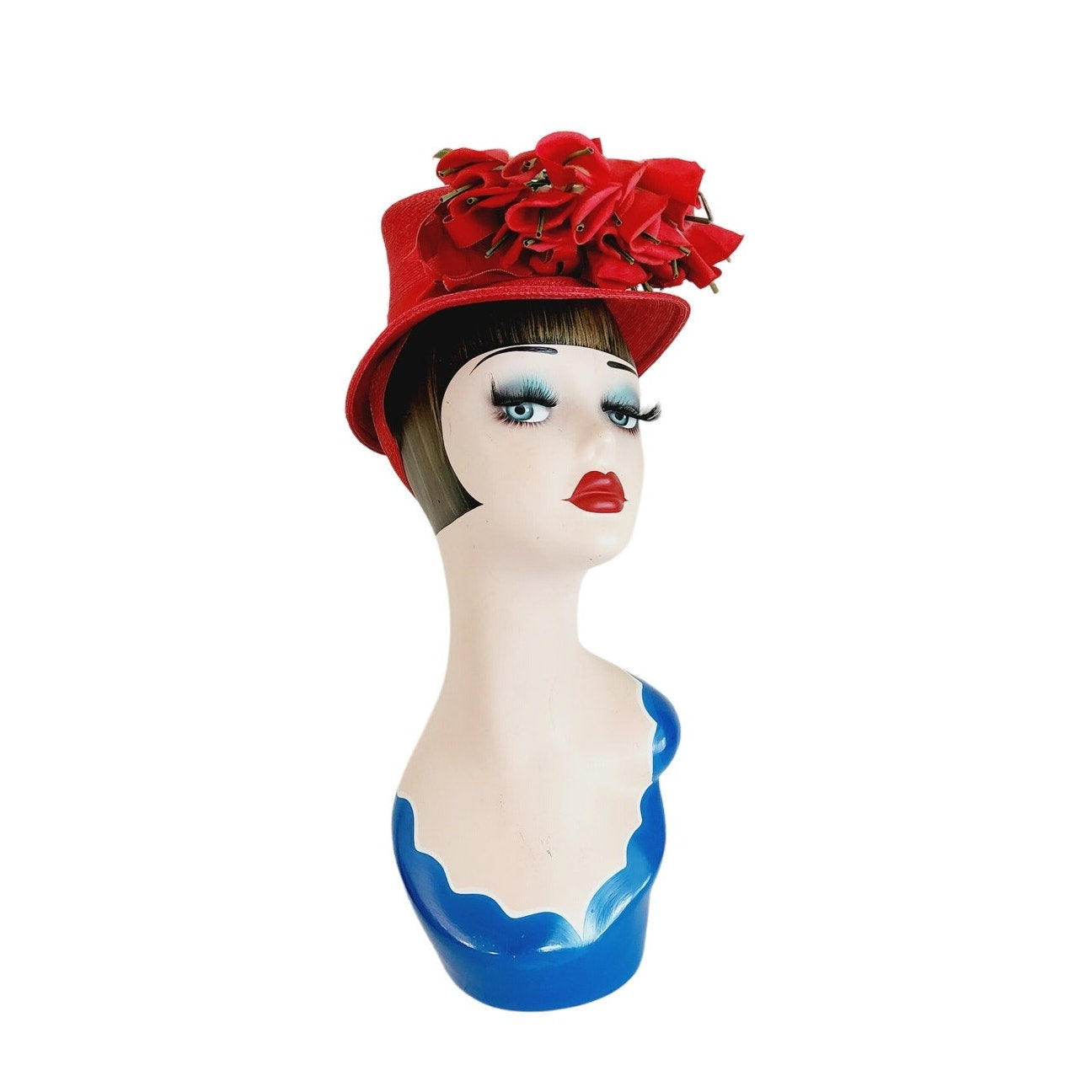 Vintage 40s Hat Red Straw & Flowers Myn-Rose Millinery