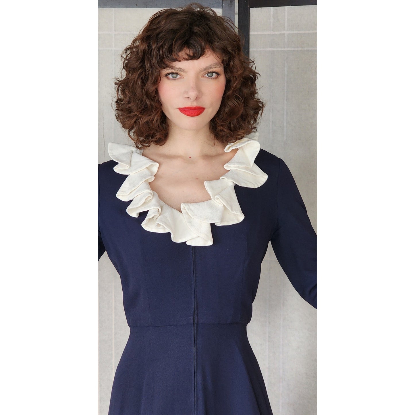 Vintage 60s Navy Blue Dress White Ruffled Collar Marshall Field & Co