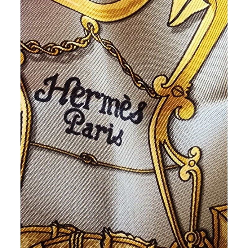Vintage 90s Hermes Silk Scarf Equestrian Carre 90 Gray Gold l'Instruction du Roy
