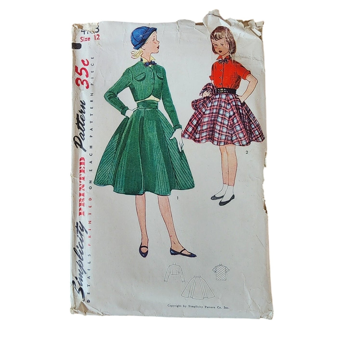ORIGINAL Vintage 50s Sewing Pattern:  Girls Two Piece Suit + Blouse Bolero Simplicity 4103