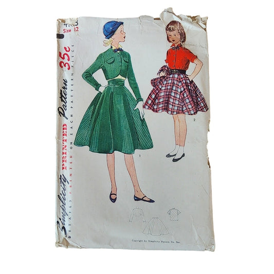 ORIGINAL Vintage 50s Sewing Pattern:  Girls Two Piece Suit + Blouse Bolero Simplicity 4103