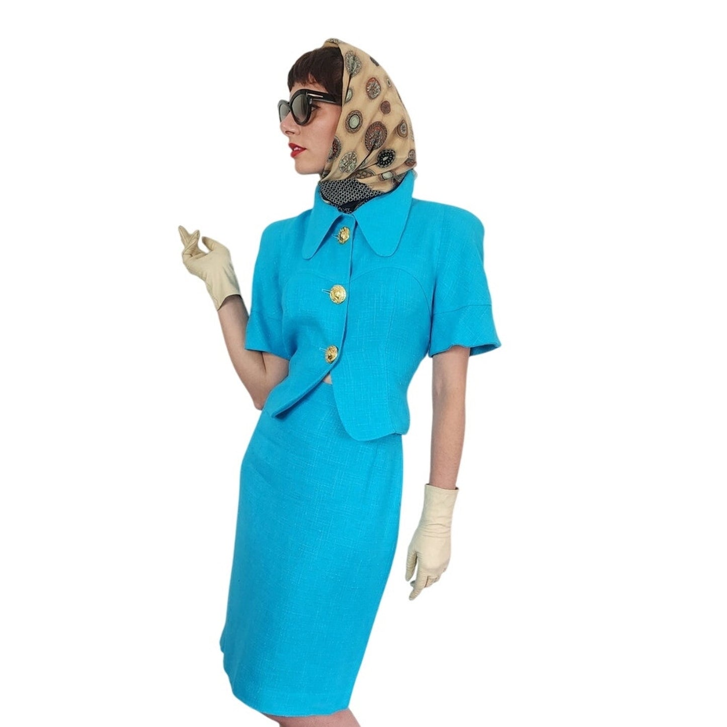 Vintage 1990s Christian Lacroix Skirt Suit Turquoise Blue + Gold Buttons / M