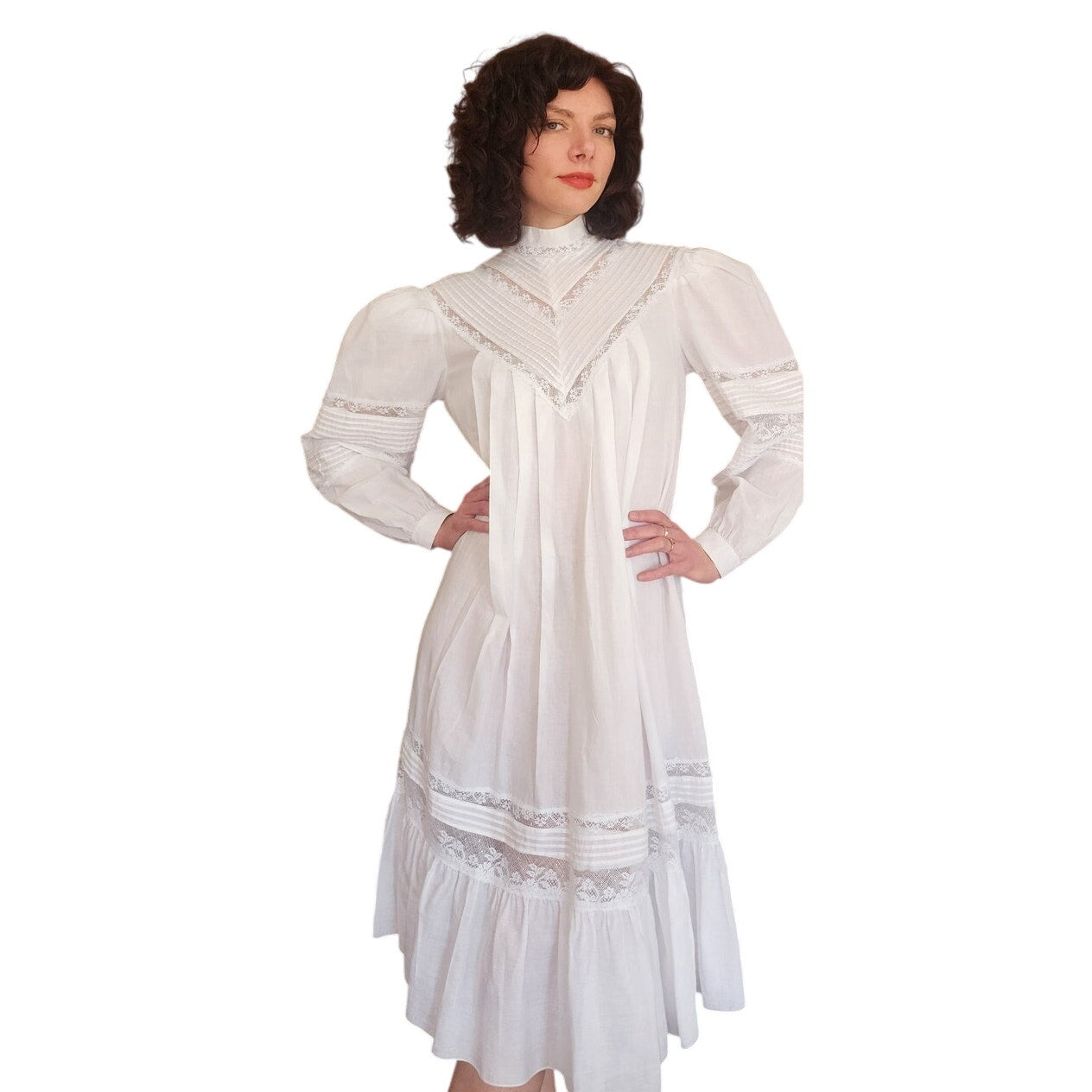 Vintage 80s Ceegee Sue Wong White Cotton Lace Dress Festival Boho Victorian Puff Sleeve