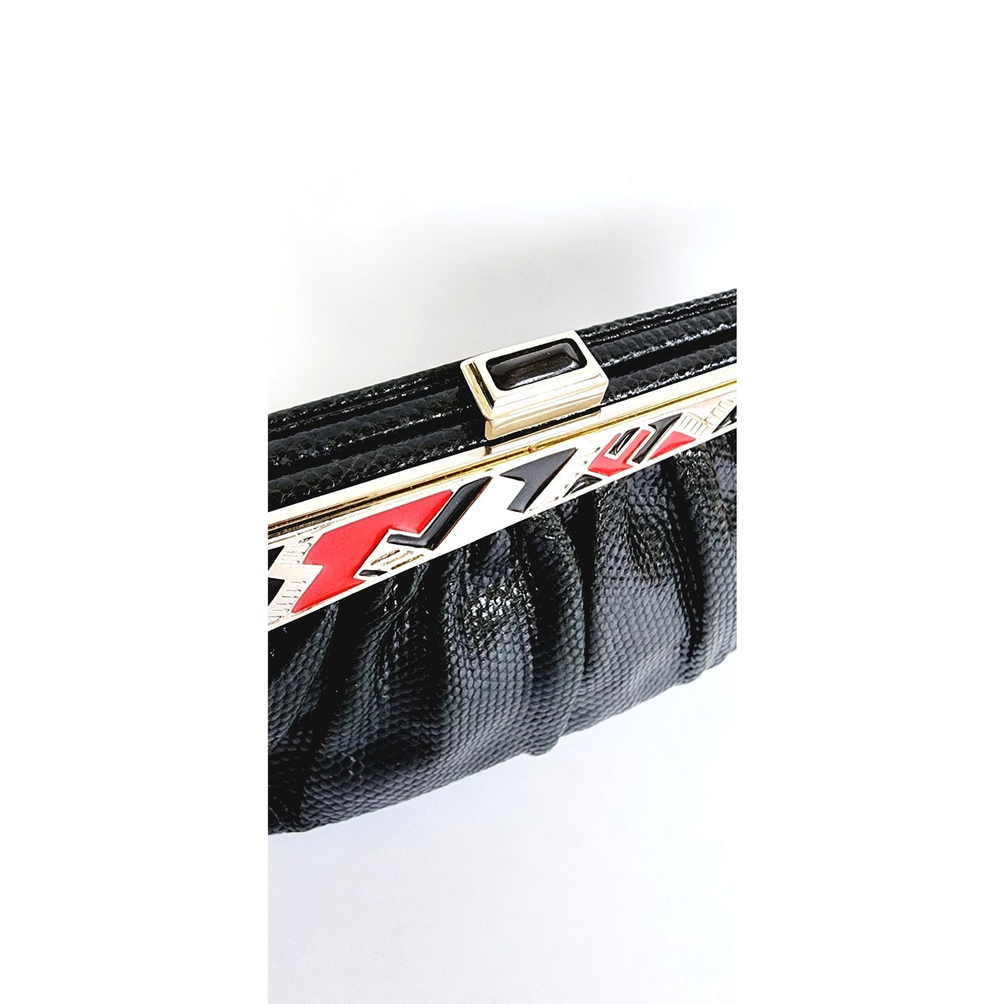 Vintage1980s Judith Leiber Bag Black Lizard w/Enamel Art Deco Panel