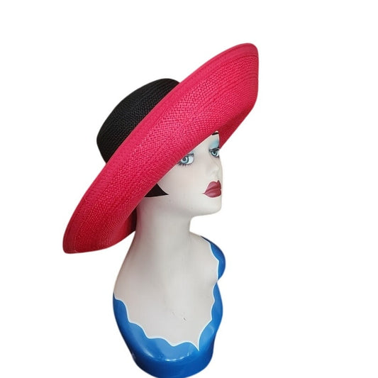 Vintage 80s Kokin New York Hat Wide Brim Sun Straw Fuchsia Black Summer Vacation Resort Oversized