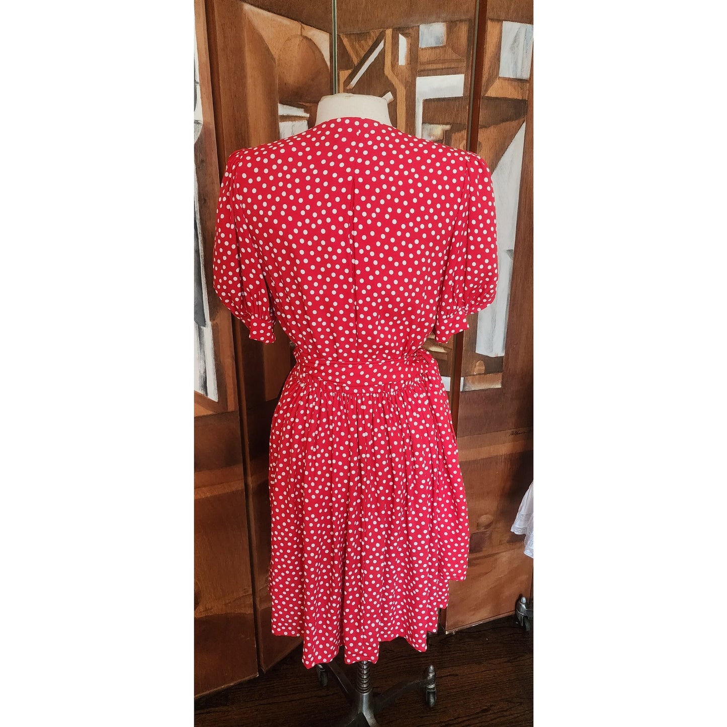 Vintage 1980s Sonia Rykiel Dress Red Polka Dot Rayon Short Sleeved Midi w/Belt