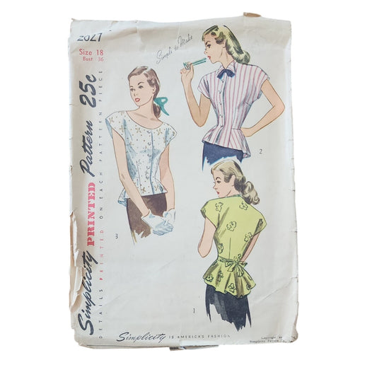 Vintage 1940s Sewing Pattern ORIGINAL Womens Blouse w/Peplum Simplicity 2027