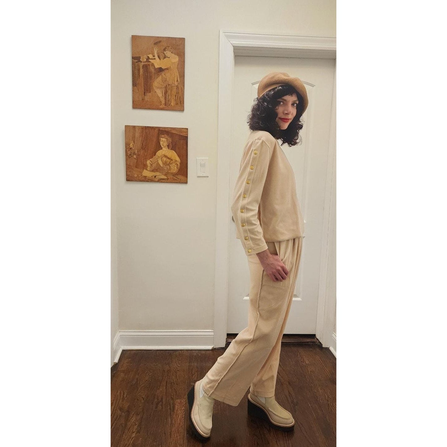 Vintage 1990s Sonia Rykiel Track Suit Beige Velour Gold Logo Buttons Top Pants