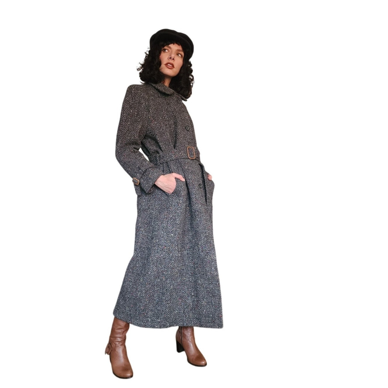 Vintage 1980s Gray Coat Tweed Wool Belted, Long by Huntleigh / Medium