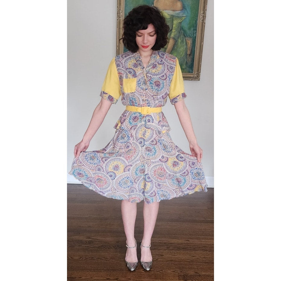 40s Saybury Paisley Rayon 2 Pc Dress &amp; Jacket Set with Yellow Sleeves &amp; Belt