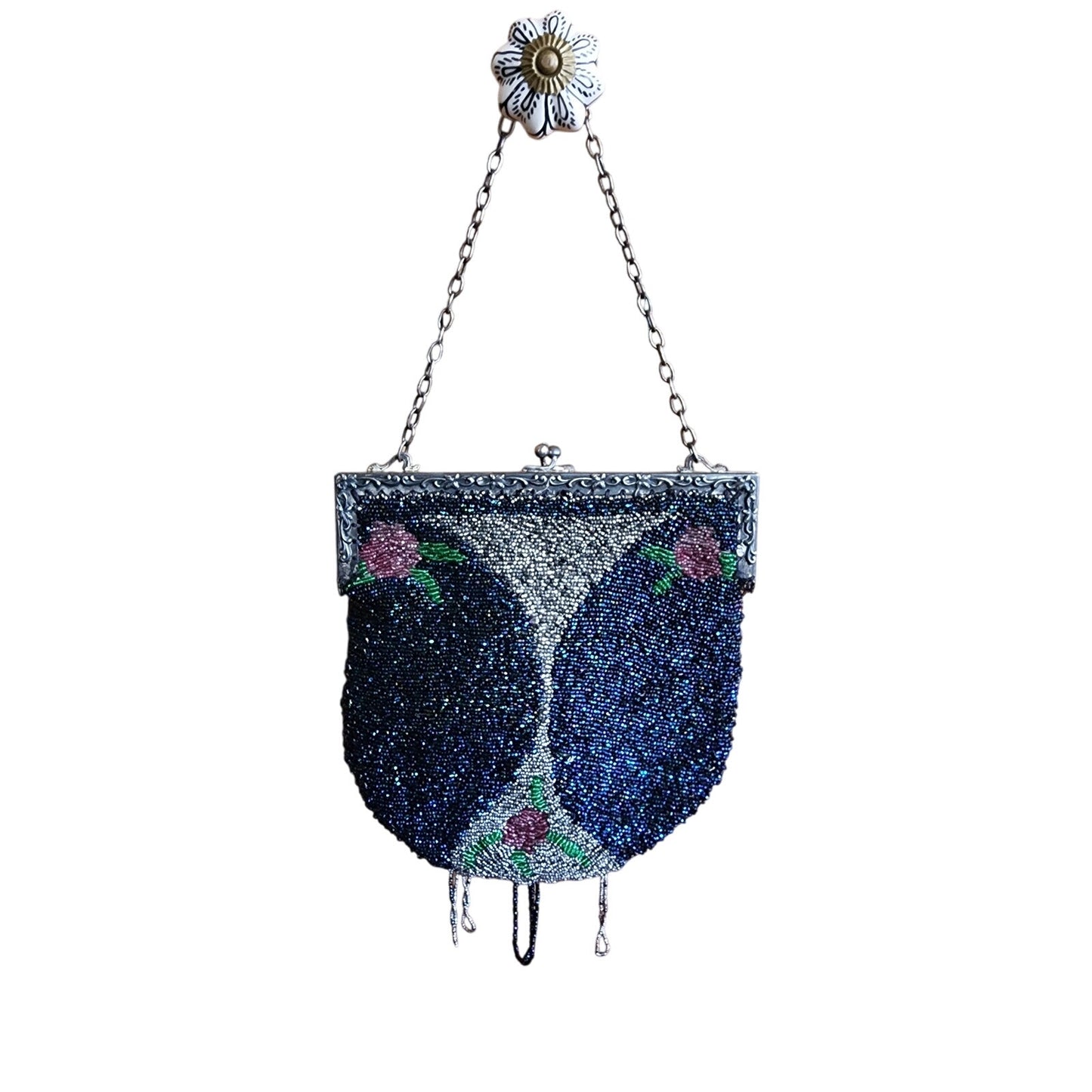 Vintage 20s Beaded Bag Blue Silver Flapper Purse Martini Glass Design