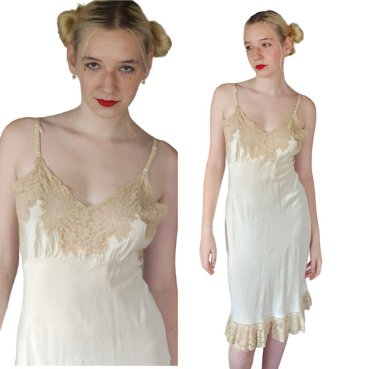 Vintage 30s Slip Dress Cream Silk Lace Bias Cut