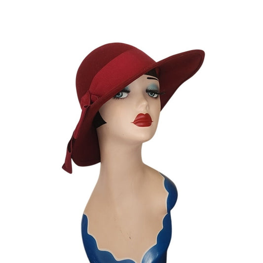 Vintage 1970s Burgundy Red Hat Ladies Fedora Wid Brimmed Georgi