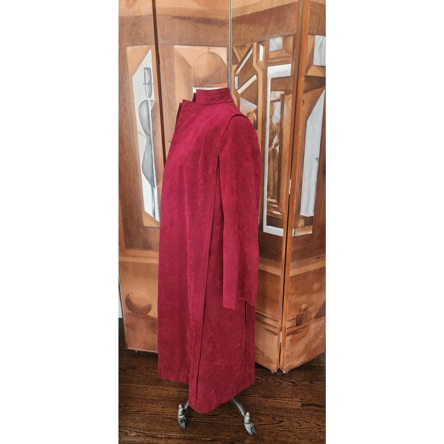 Vintage 1970s Pauline Trigère Ultrasuede Coat Burgundy Red Maxi Trench