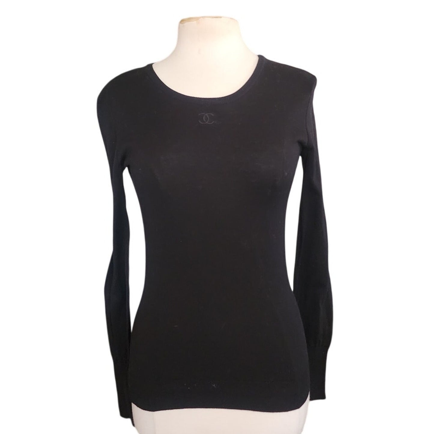 Vintage 90s CHANEL Sweater Black Cotton Long Sleeve Top CC Logo / FR 40