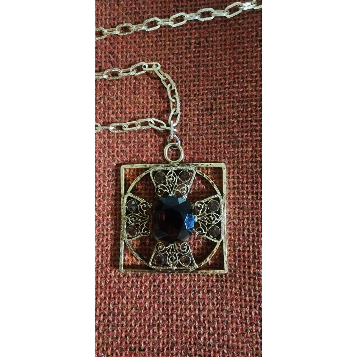 Vintage 1960s Maltese Cross Necklace Baroque Pendant Purple Brown Gold Maximalist Boho