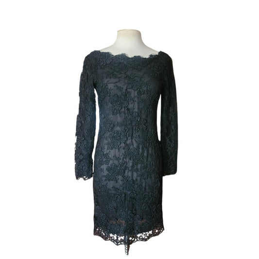 Vintage 1990s Calvin Klein Dress Black Lace Scalloped Boat Neck Long Sleeve Sz 8