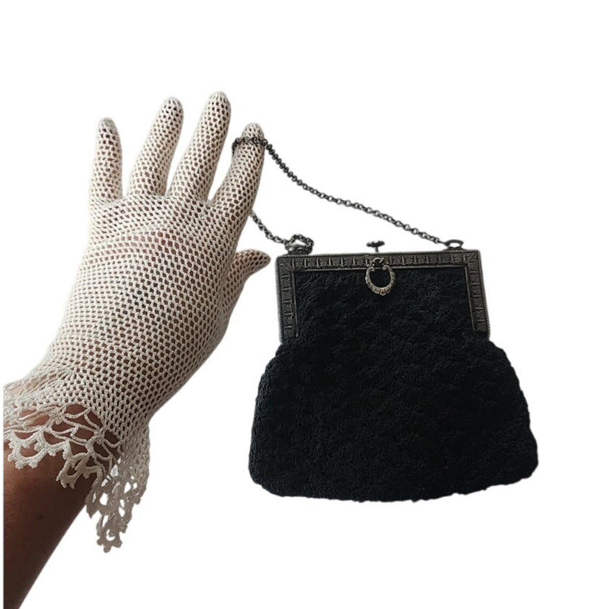 Antique Evening Bag Edwardian Purse Black Crochet Silver Etched Frame 1900s
