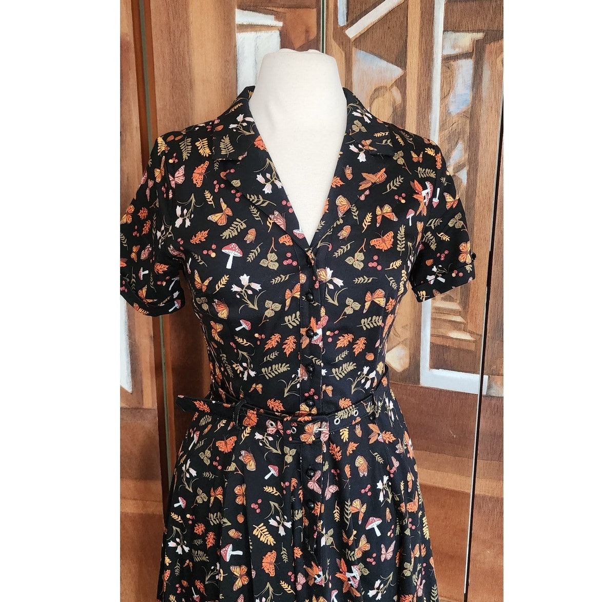 COLLECTIF Retro 50s Style Shirtdress Rockabilly Dancing Dress Mushroom Butterfly Print