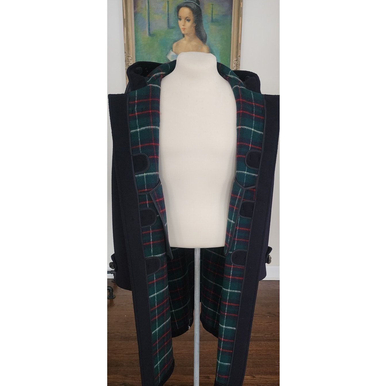 Vintage 1990s Mens Duffle Coat Lands End Navy Blue Wool Hooded w/Toggle Closure