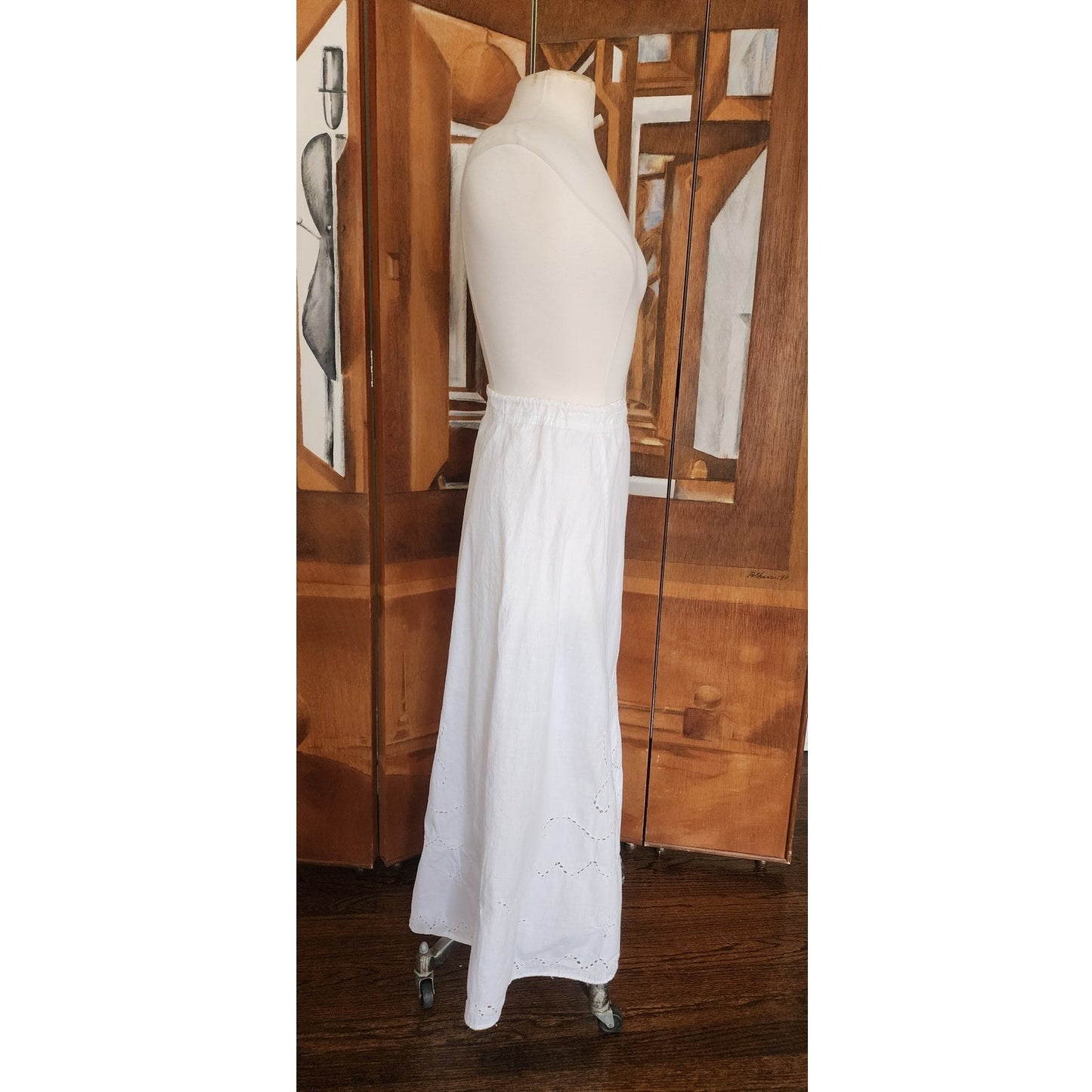 Antique Edwardian Embroidered Petticoat Skirt Underskirt White Cotton Drawstring Waist L