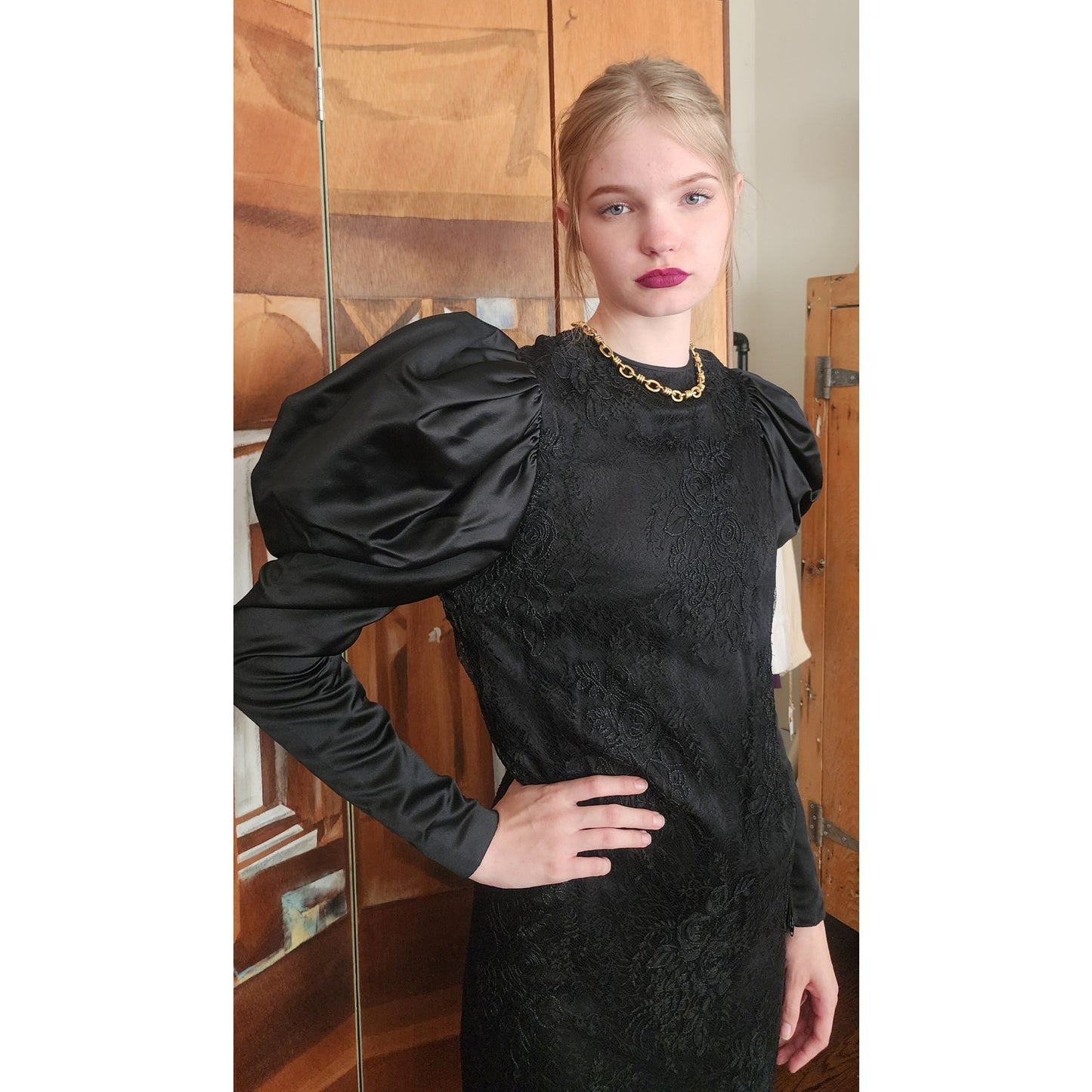 Vintage 80s GALAN0S Couture Dress Black Lace Evening Gown Sculpted Puffed Shoulders