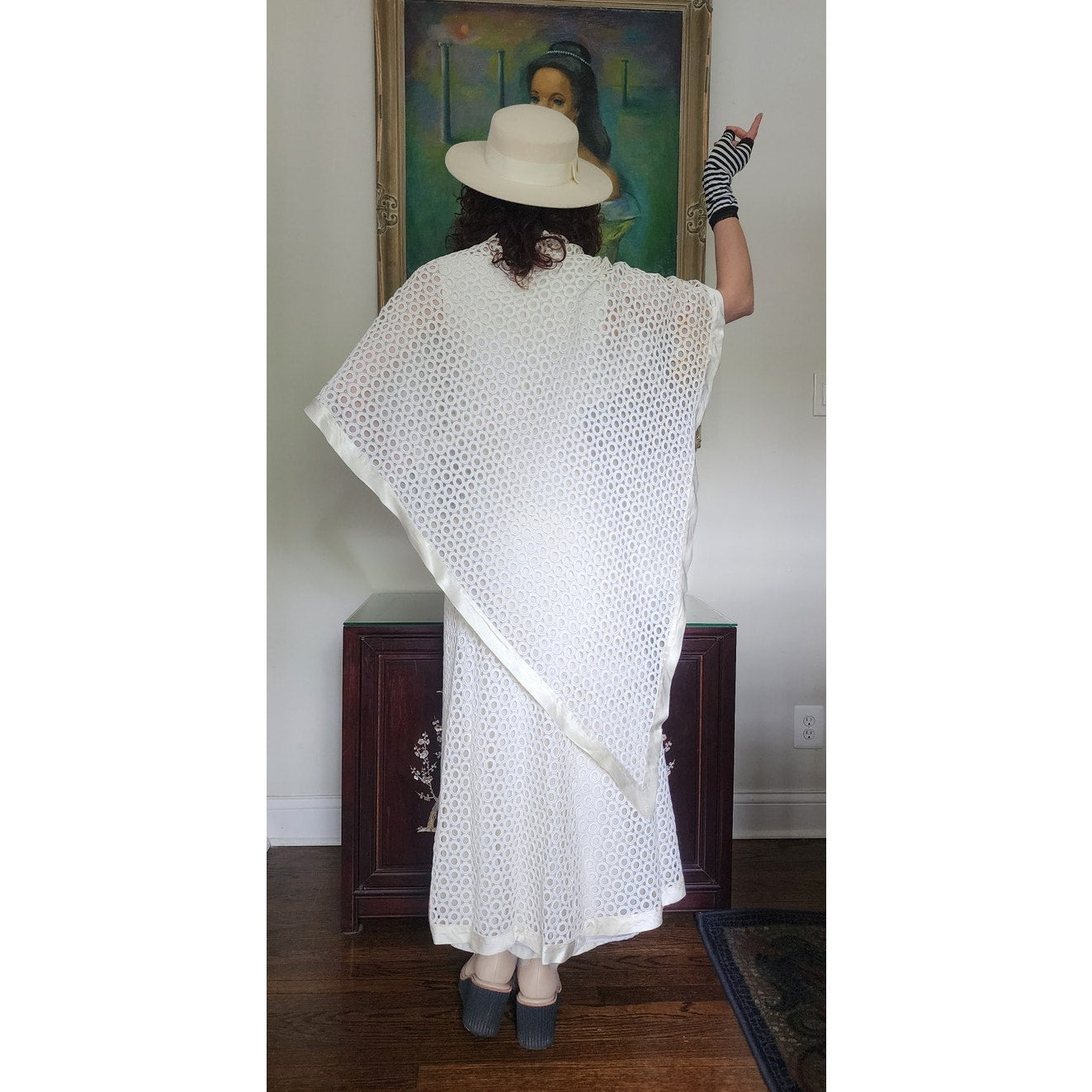 Vintage 70s White Maxi Dress Openwork Crochet Bridal Dress w/Capelet