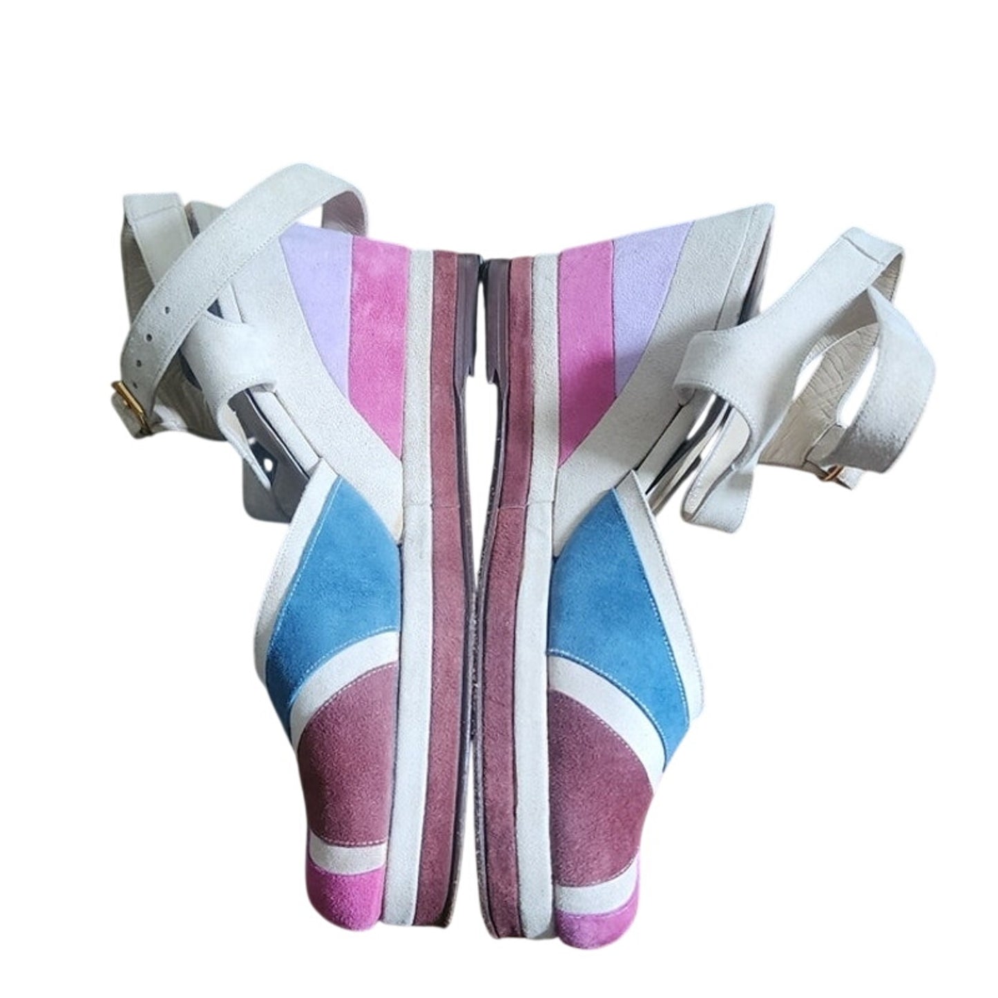 Vintage 1970s 80s Shoes Patchwork Suede Sandals Wedge Heel Pink Purple Blue 6