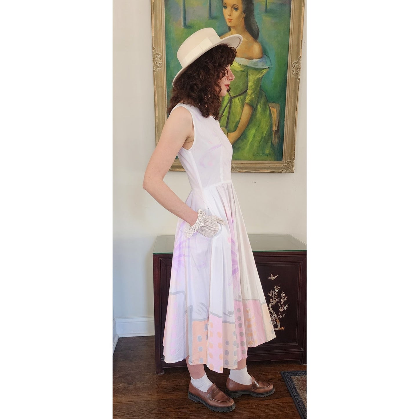 Vintage 90s Cotton Print Sun Dress Sleeveless White Pink Cityscape Print Circle Skirt / S