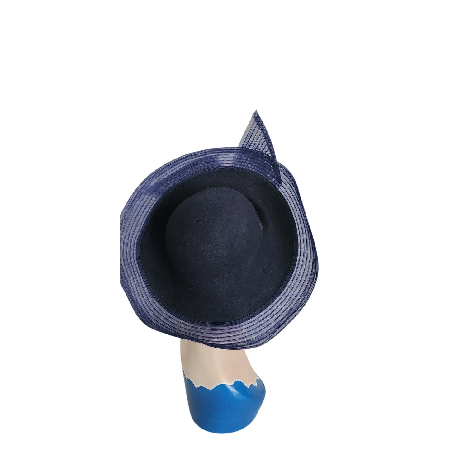 Vintage Navy Blue Hat in Wool & Mesh Oversized Asymmetrical Mr John Classic