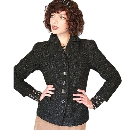 Vintage 40s Black Blazer in Nubby Wool Shiny Buttons / S