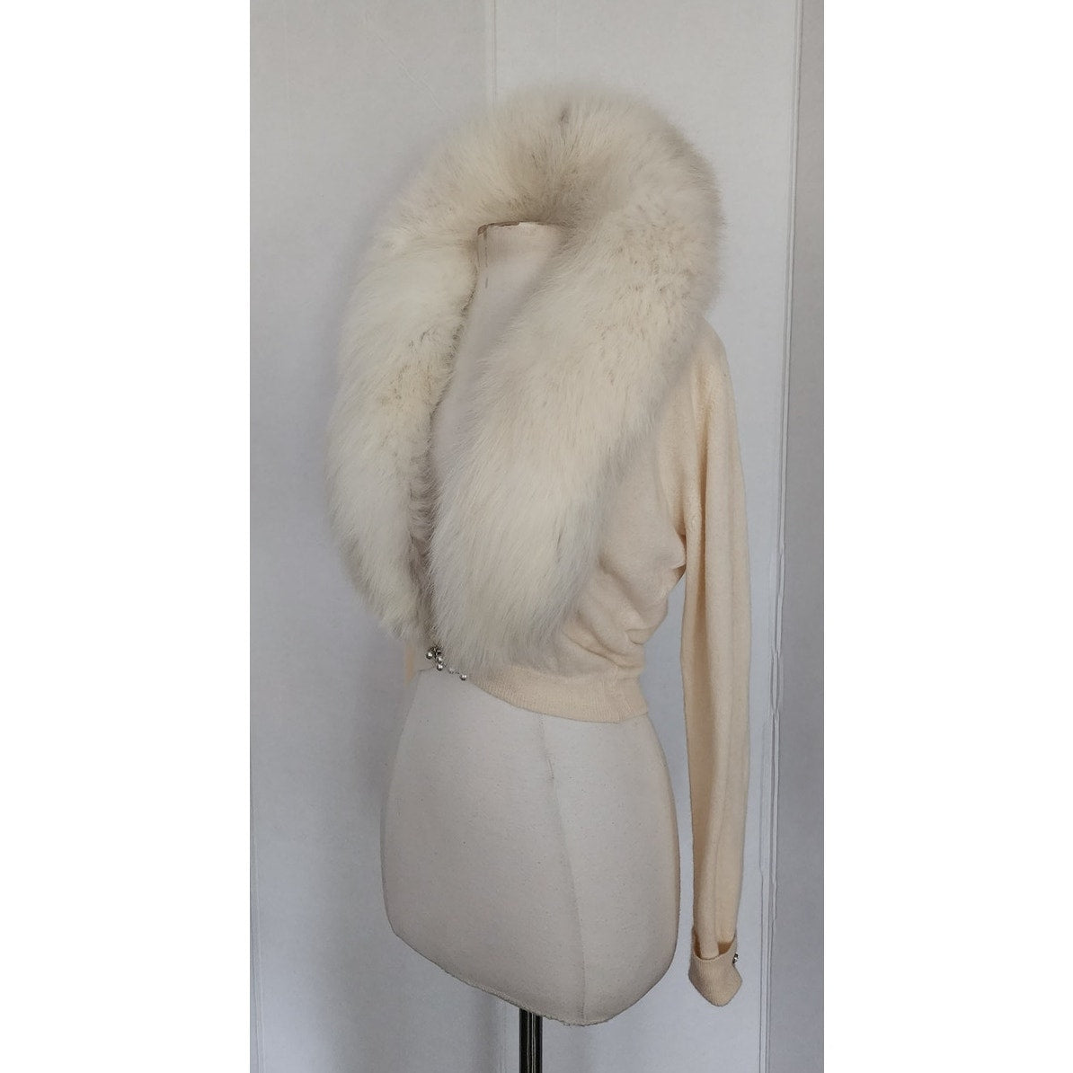 Vintage 1950s Cream Wool Cardigan White Fox Fur Collar Joseph Horne