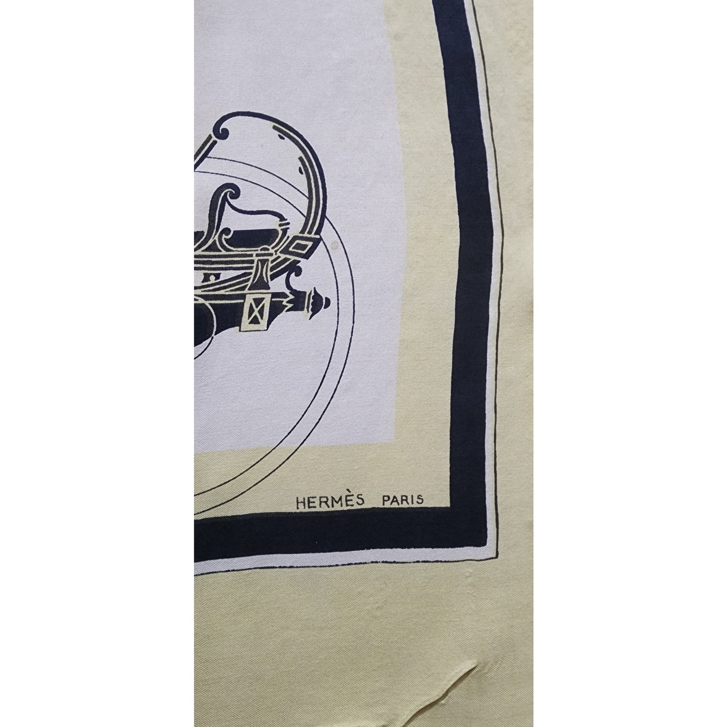 Vintage HERMES Scarf Square Silk Ex-Libris Yellow Hugo Grygkar Horse Carriages