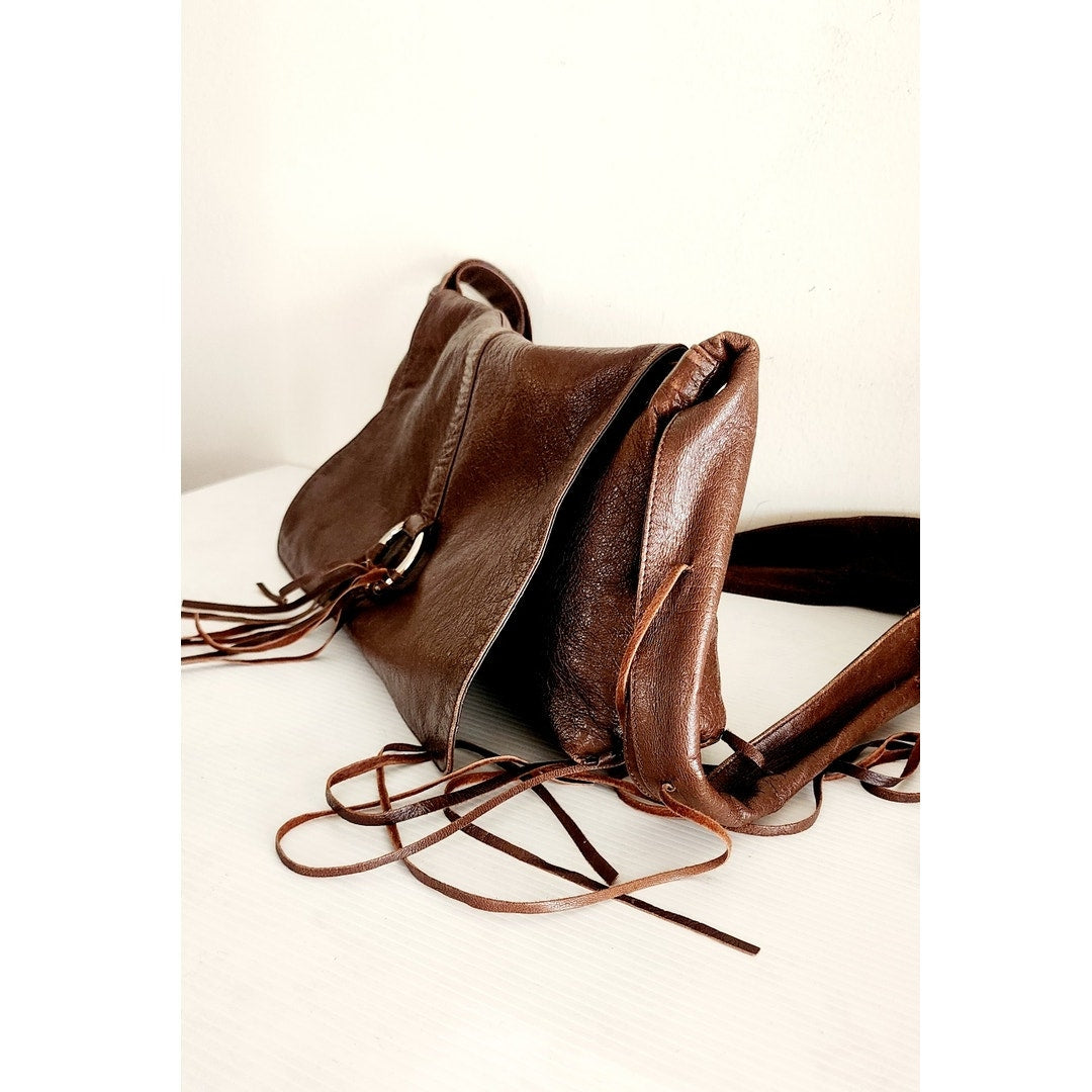 Vintage 2000s BCBG Brown Leather Shoulder Bag w/Fringe