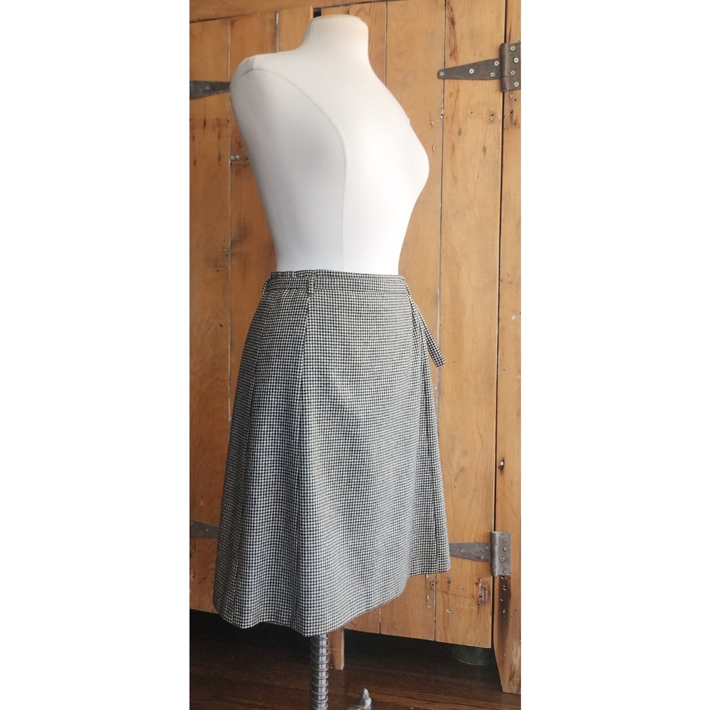Vintage Dries Van Noten Skirt Gray Houndstooth Wool A Line Knee Length Belt Sash / Medium