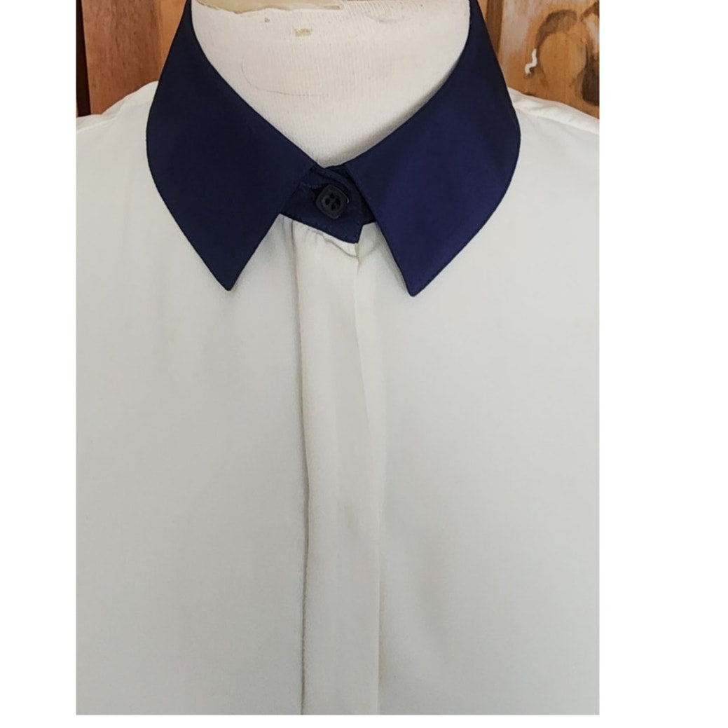 Vintage 70s St John Knit Skirt Suit + Blouse Three Piece Set Cream Navy Blue