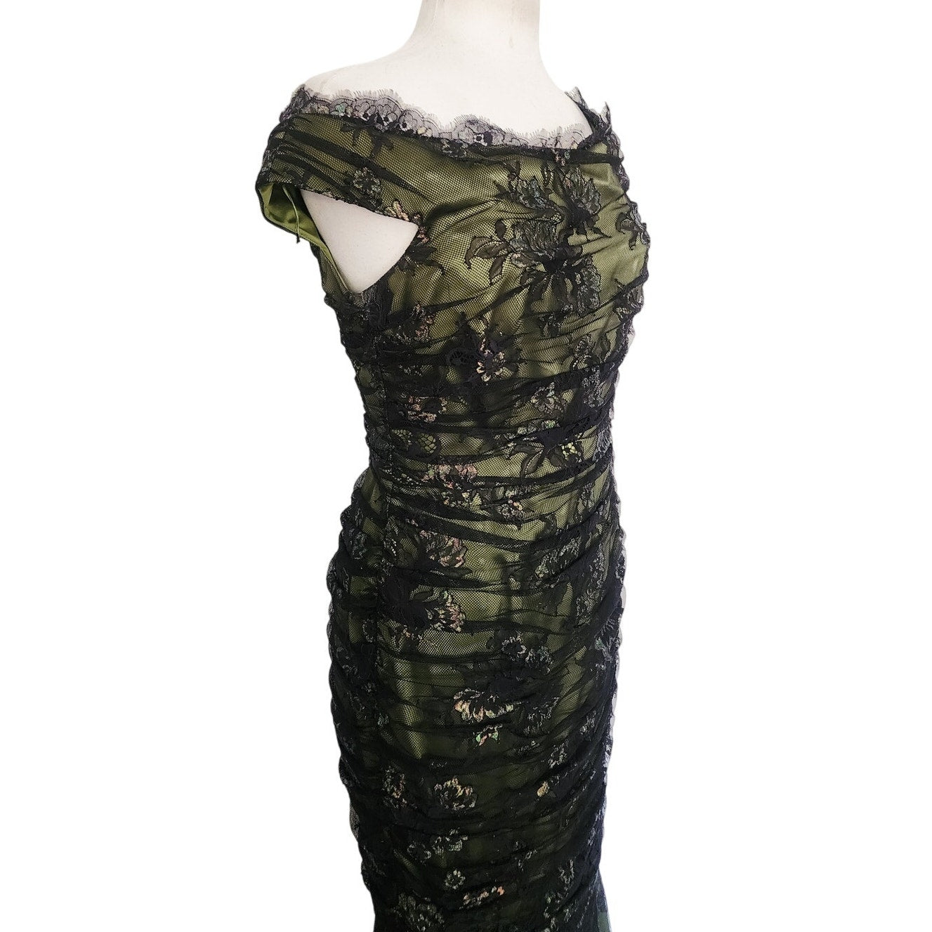 Vintage 2000s M for Missoni Evening Dress Green Black Lace Off the Shoulder / M