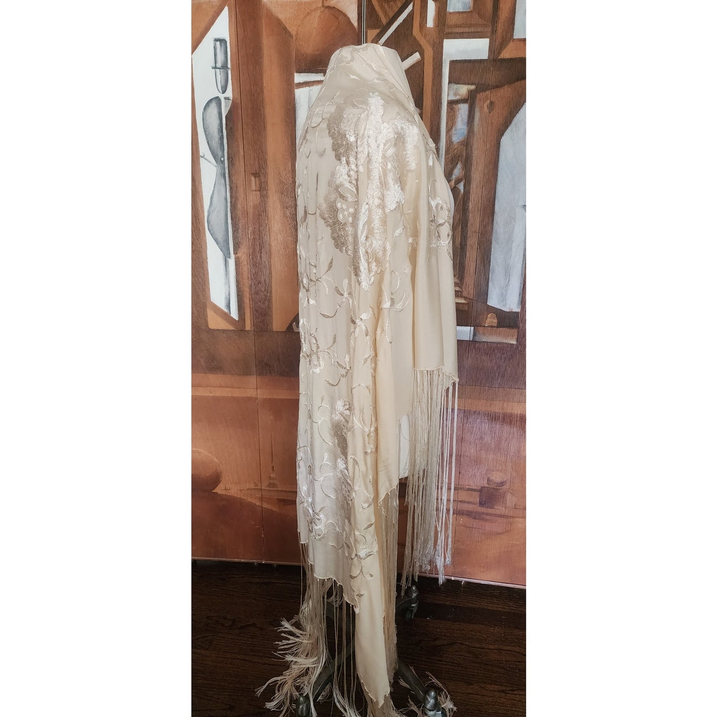 Vintage 1920s Piano Shawl Ivory Silk Embroidered Long Macrame Fringe Manila Evening Wrap