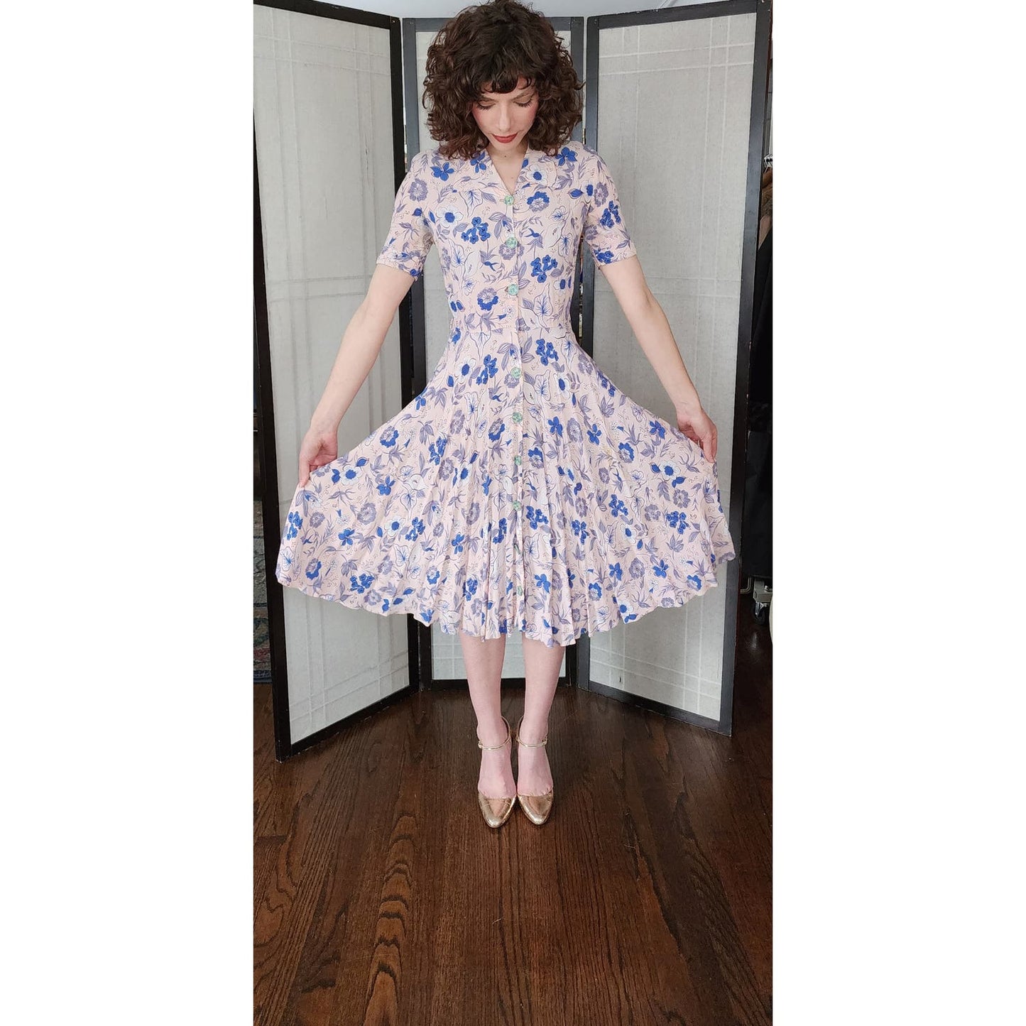 Vintage 30s Rayon Print Shirtdress Pink Blue Floral