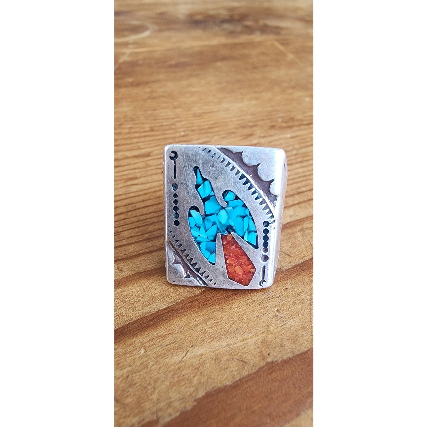 Vintage Mens Ring Native American Sterling Silver Thunderbird Turquoise Coral Chip Mosaic Navajo Inlay