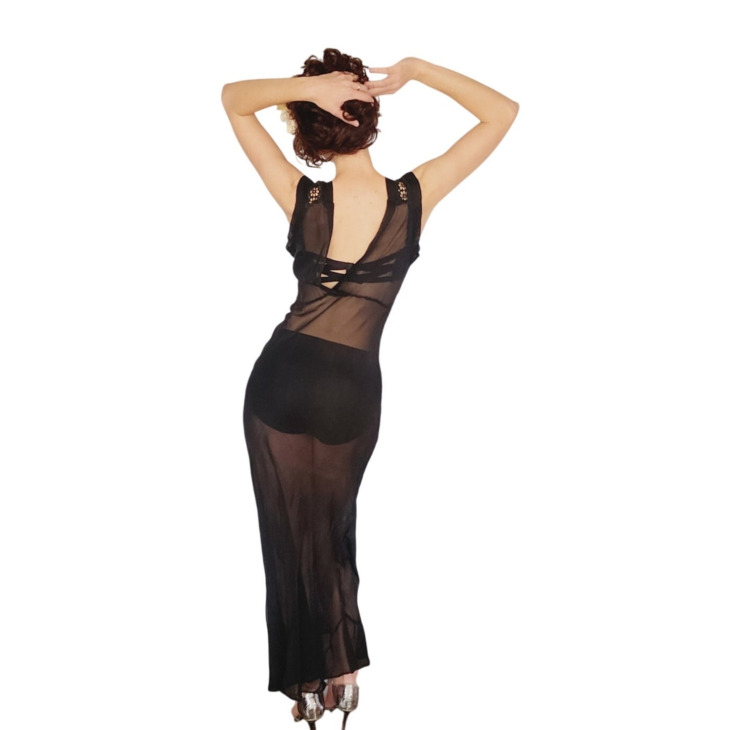 Vintage 1930s Black Sheer Slip Dress Negligee Crochet Lace Trim