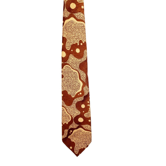 Vintage 60s Mens Necktie Psychedelic Brown Beige Print Abstract Plasma